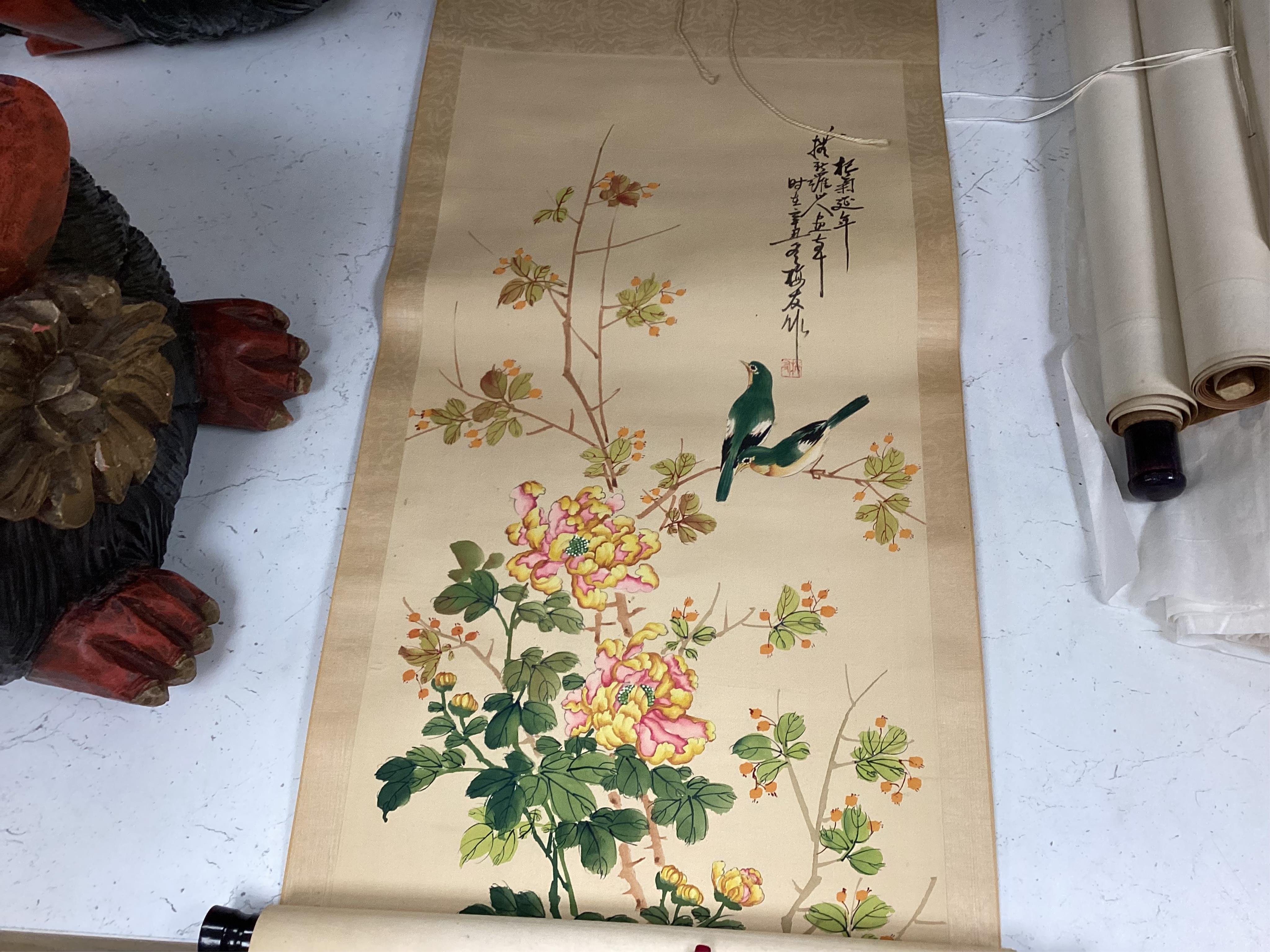 Four Japanese paintings on silk, and two woodblock prints, one after Shinsai, largest 30x25cm